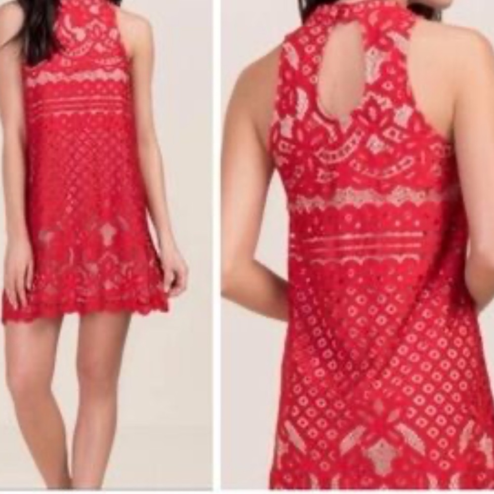 Francesca’s Red Lace High Neck Open Back Cocktail Mini Dress Size M